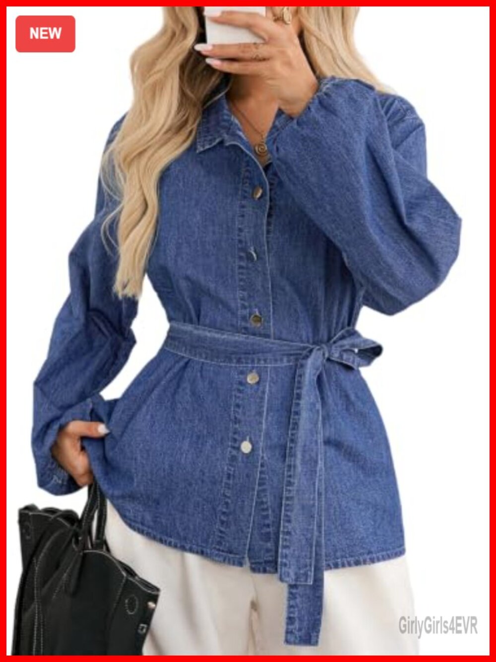 Women's Denim Chambray Tie Waist V-Neck Long Sleeve Button Down Shirt